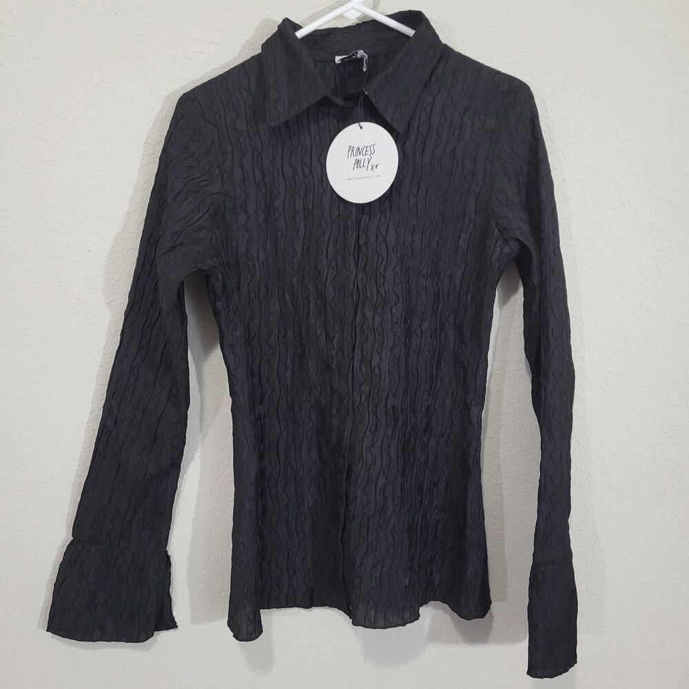 Princess Polly Chrisley Shirt Women Size 8 Small  Black Button Up Long Sleeve